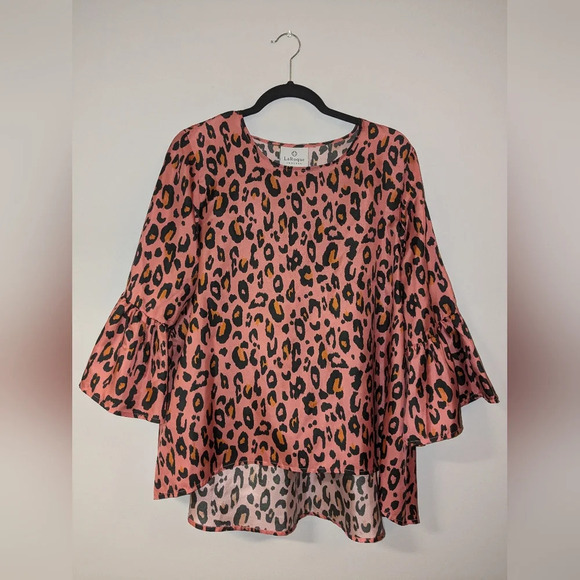 Laroque Tops - Laroque Original OS Pink 100% Silk Bold Leopard Bell Sleeve Blouse